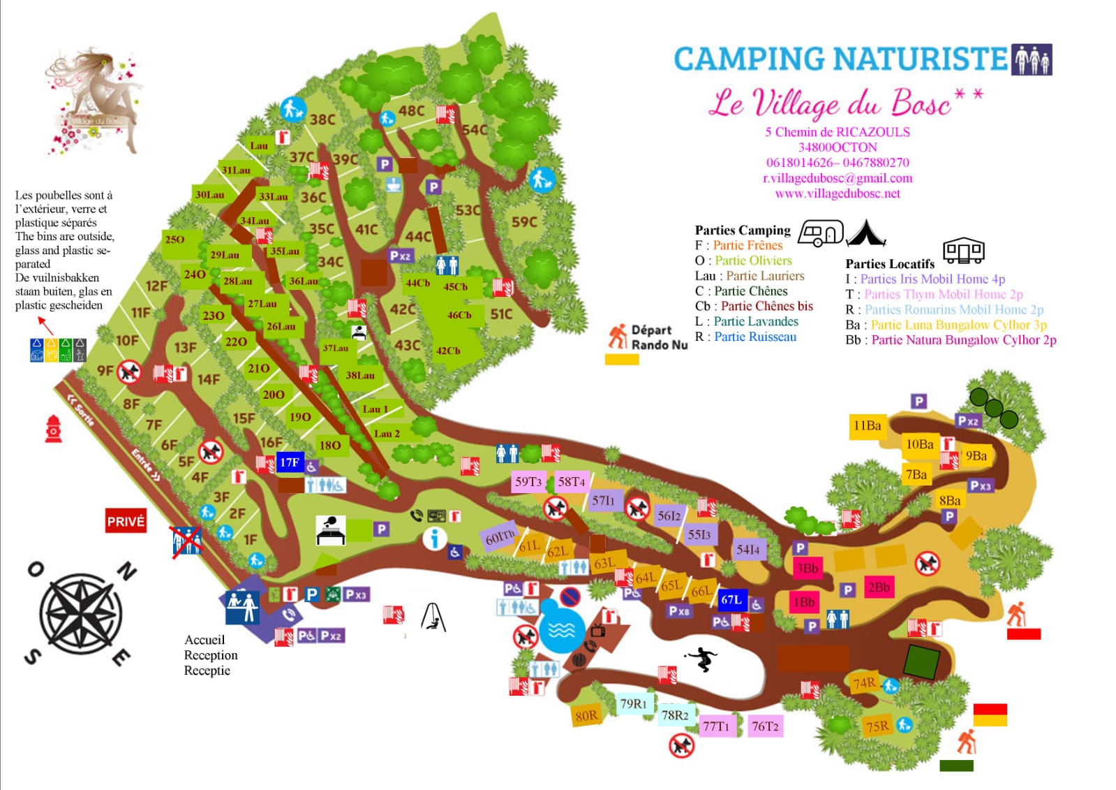 Plan du Camping naturiste deux étoiles Le Village du Bosc, à Octon (34) près du lac du Salagou. Donnez du sens à vos vacances dans un camping familial, lieu unique et insolite idéal pour le naturisme